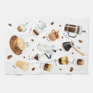 Watercolor Coffee Drinks From Around The World Kitchen Towel