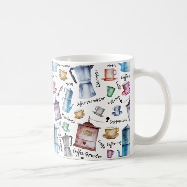 Watercolor coffee espresso cups, mugs pots pattern (Right)