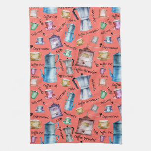 Watercolor coffee espresso cups, mugs pots pattern kitchen towel