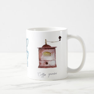 Watercolor coffee grinder, pot and percolator mug