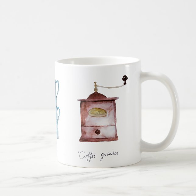 Watercolor coffee grinder, pot and percolator mug (Right)