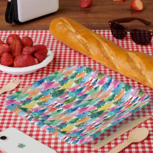 Watercolor Colorful Bright Rainbow Christmas Trees Paper Plate