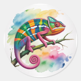 Watercolor Colorful Chameleon Birthday Party Classic Round Sticker