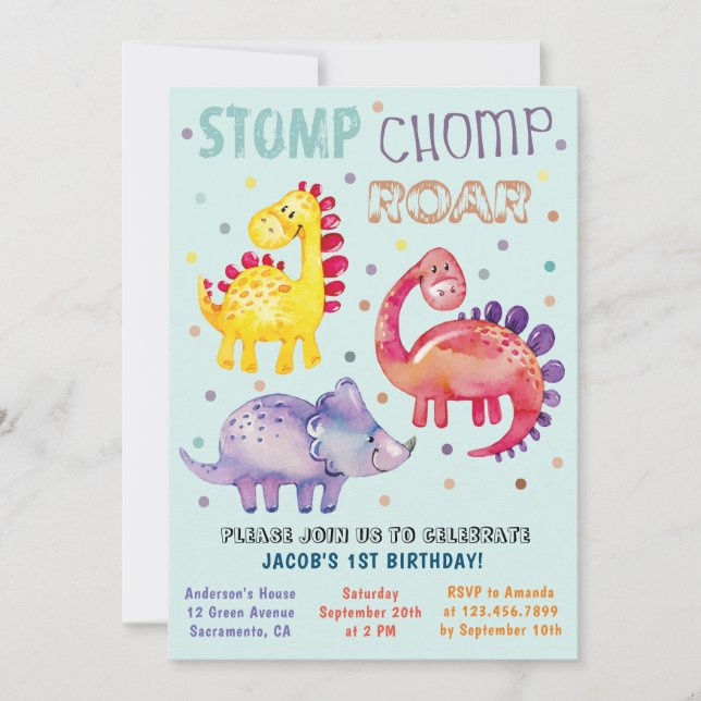 Watercolor Colorful Dinosaur First Birthday Party Invitation (Front)