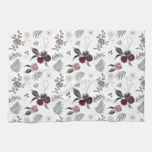 Watercolor Colorful Roses Grey Leaves Kitchen Towel