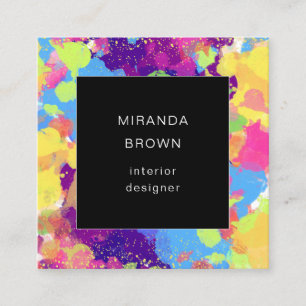 Watercolor Colourful Abstract Black QR Code Square Business Card