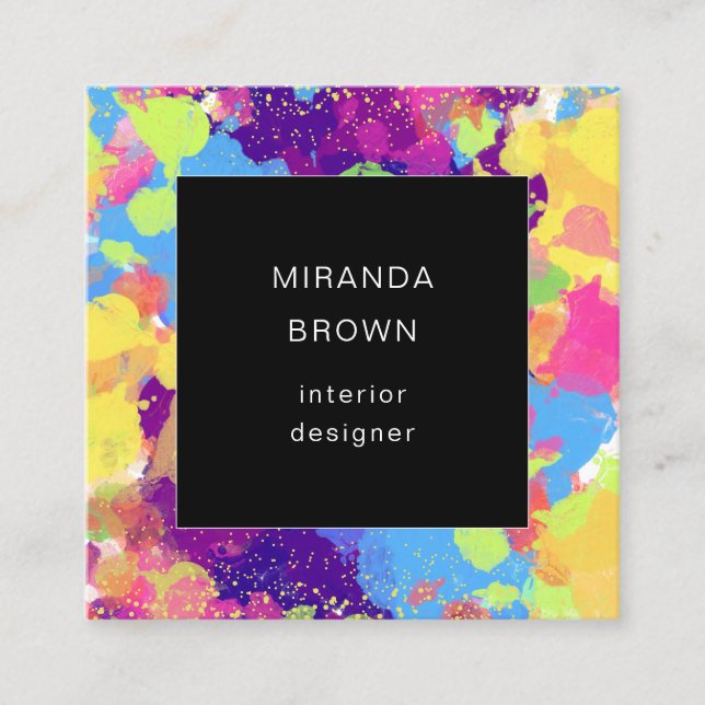 Watercolor Colourful Abstract Black QR Code Square Business Card (Front)