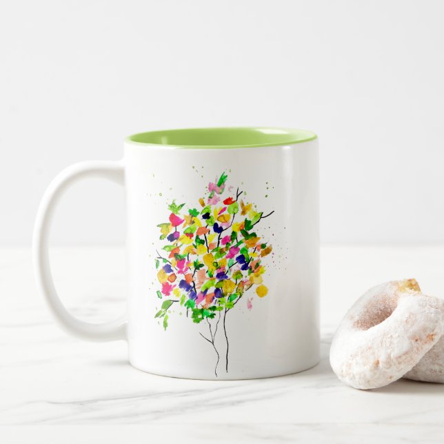Watercolor colourful abstract tree Two-Tone coffee mug (With Donut)