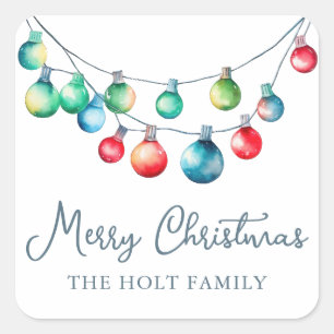 Watercolor Colourful Christmas String Lights Square Sticker