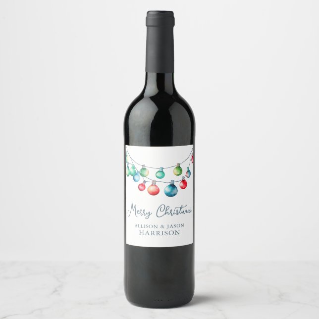 Watercolor Colourful Christmas String Lights Wine Label (Front)