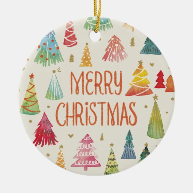 Watercolor Colourful Christmas Trees Ceramic Ornament (Front)