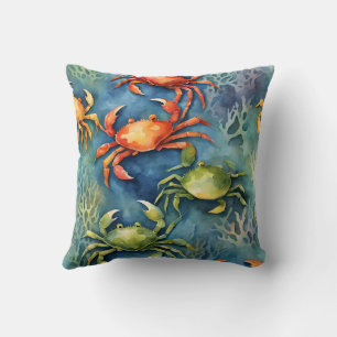 Watercolor Colourful Crabs & Sea Coral Coastal Throw Pillow