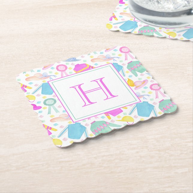 Watercolor Colourful Derby Jerseys & Hats Monogram Paper Coaster (Angled)
