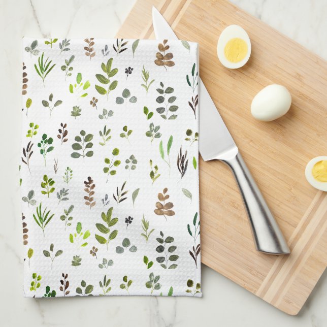 Watercolor Colourful Eucalyptus Leaves Pattern Kitchen Towel (Quarter Fold)