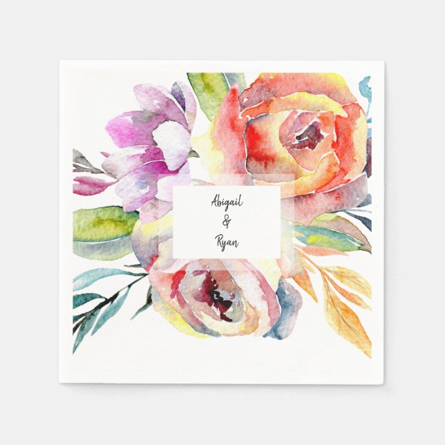  Watercolor Colourful Floral Name Napkin (Front)