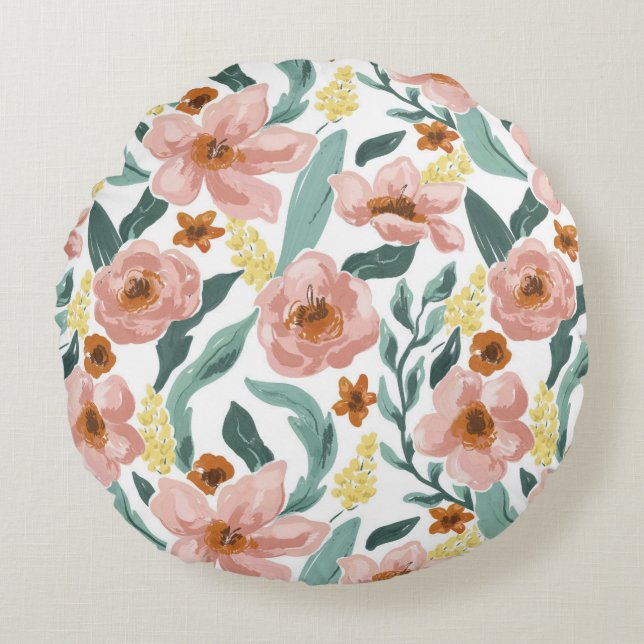 Watercolor Colourful Floral Round Pillow (Front)