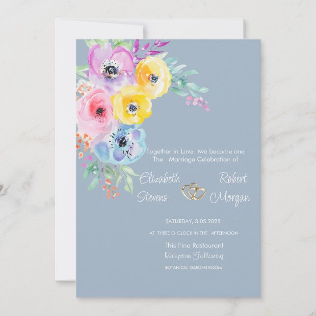 Watercolor Colourful Flowers Dusty Blue Wedding  Invitation (Front)