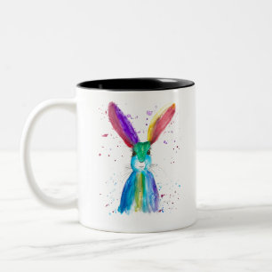 Watercolor Colourful Hare Rabbit Animal Bunny Two-Tone Coffee Mug