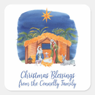 Watercolor Colourful Nativity Christmas Enclosure Square Sticker