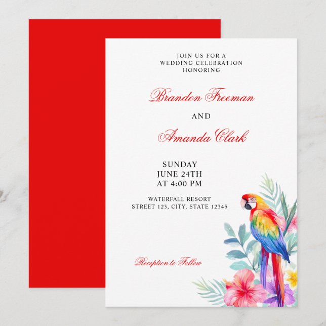 Watercolor Colourful Parrot Floral Wedding Invitation (Front/Back)