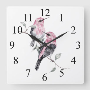 Watercolor Colourful Pink and Black Birds on Branc Square Wall Clock