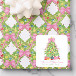Watercolor Colourful Pink Bow Christmas Tree Square Sticker