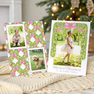 Watercolor Colourful Pink Bow Garland Swag Photo Holiday Card