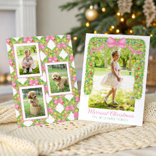 Watercolor Colourful Pink Bow Garland Swag Photo Holiday Card