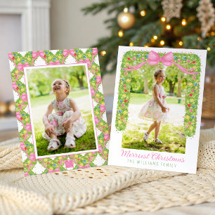 Watercolor Colourful Pink Bow Garland Swag Photo Holiday Card