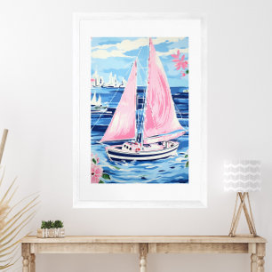 Watercolor Colourful Pink Sailboat Coastal Blue Poster