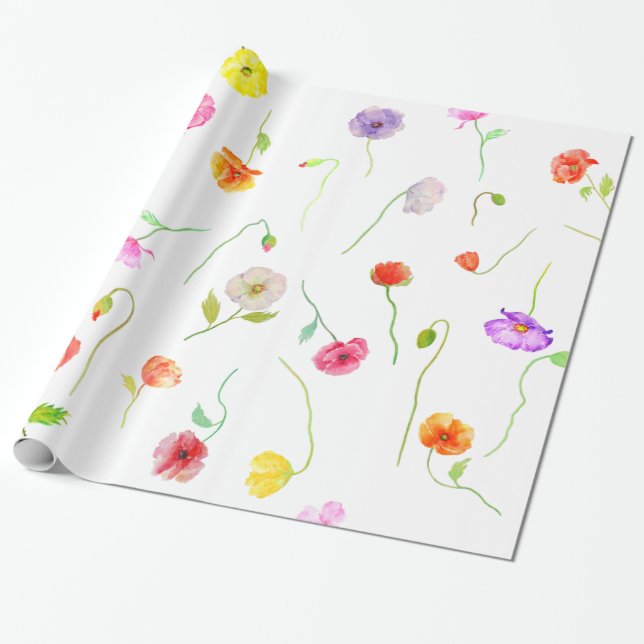 Watercolor Colourful Poppies flowers Wrapping Pape Wrapping Paper (Unrolled)