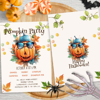 Watercolor Colourful Pumpkin Kids Halloween Party Invitation