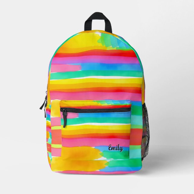 Watercolor Colourful Rainbow Stripes Pattern Girls Printed Backpack (Front)
