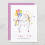 Watercolor Colourful Rainbow Unicorn Kids Birthday Thank You Card<br><div class="desc">Send thank you to guests with this colourful rainbow theme unicorn thank you card. It features watercolor illustration of a white unicorn with rainbow hair and balloons. Personalize by adding names,  date and message. This colourful unicorn thank you card is perfect for birthdays and kids parties.</div>