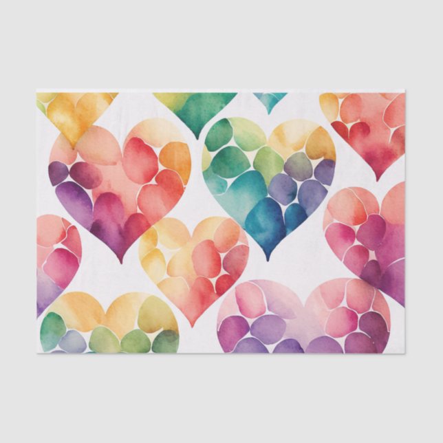 Watercolor colourful rainbow Valentines hearts  Tissue Paper (Front)