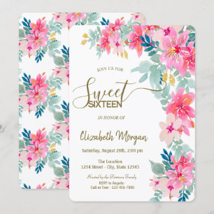 Watercolor Colourful Spring Flowers Sweet 16 Invitation