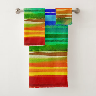   Watercolor Colourful Stripes Modern Artsy Rainbo Bath Towel Set