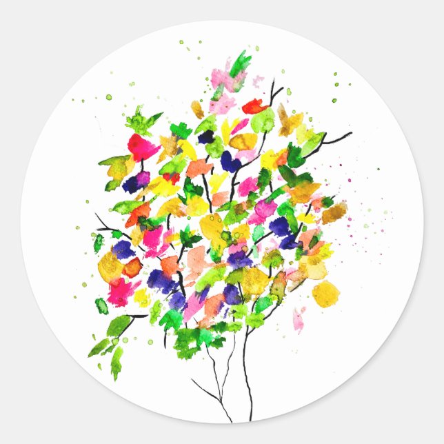 Watercolor colourful tree classic round sticker (Front)