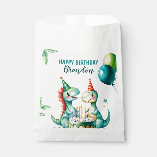 Watercolor Colourful Trex Dinosaur 1st Birthday Favour Bag (Front)