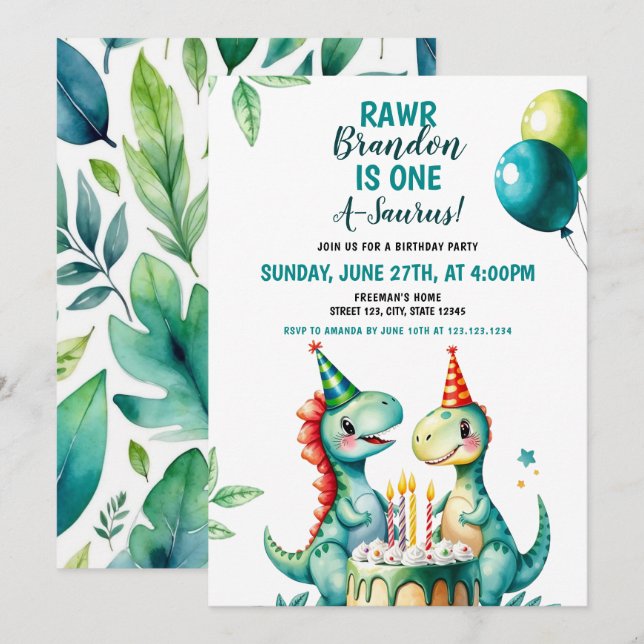 Watercolor Colourful Trex Dinosaur 1st Birthday Invitation (Front/Back)