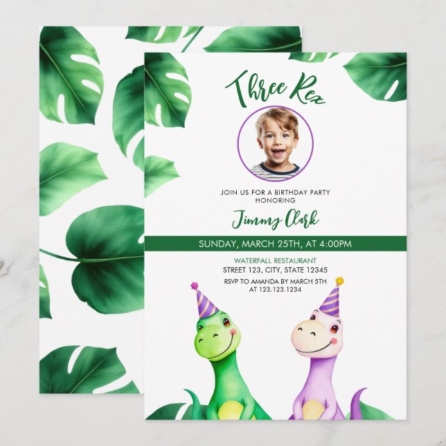Watercolor Colourful Trex Kids Photo Birthday Invitation (Front/Back)