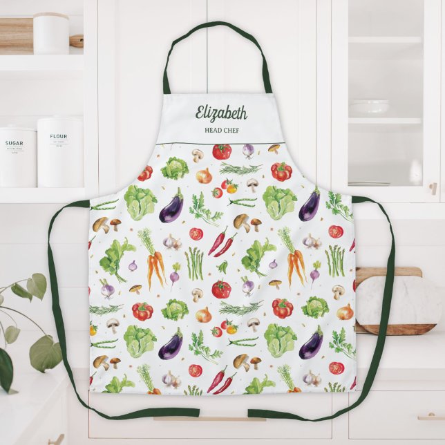 Watercolor Colourful Vegetables Personalized Name Apron (Creator Uploaded)