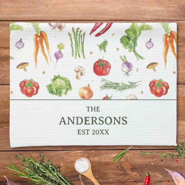 Watercolor Colourful Vegetables Personalized Name Kitchen Towel (Creator Uploaded)