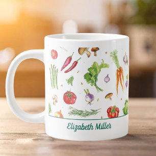 Watercolor Colourful Vegetables Personalized Name Large Coffee Mug
