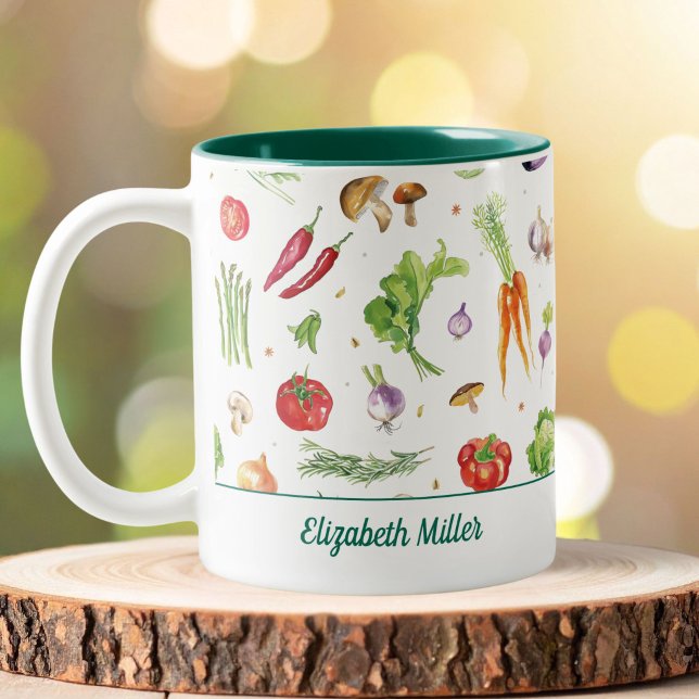 Watercolor Colourful Vegetables Personalized Name Two-Tone Coffee Mug (Creator Uploaded)
