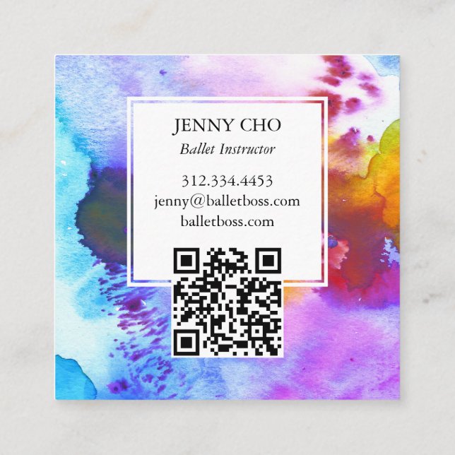 Watercolor Colourful Vivid Textured QR Code Square Business Card (Back)