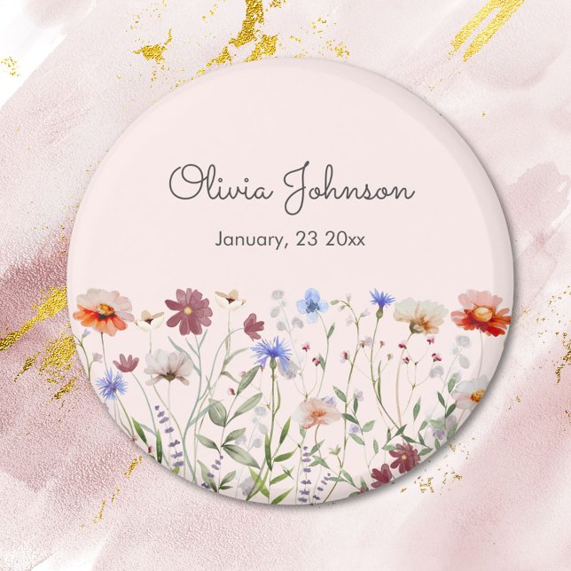 Watercolor Colourful Wildflower Baby Birth Keepsak Magnet (close up)