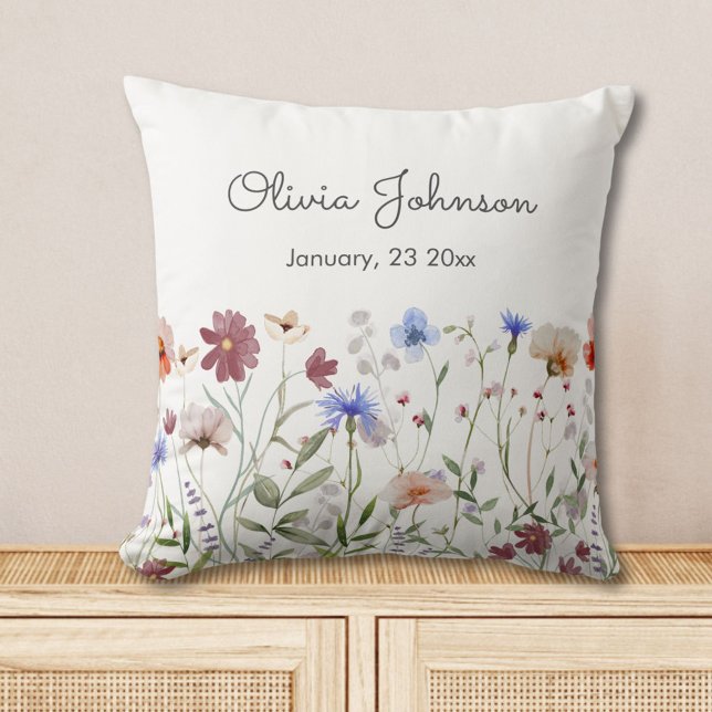 Watercolor Colourful Wildflower Baby Birth Keepsak Throw Pillow (In situ)