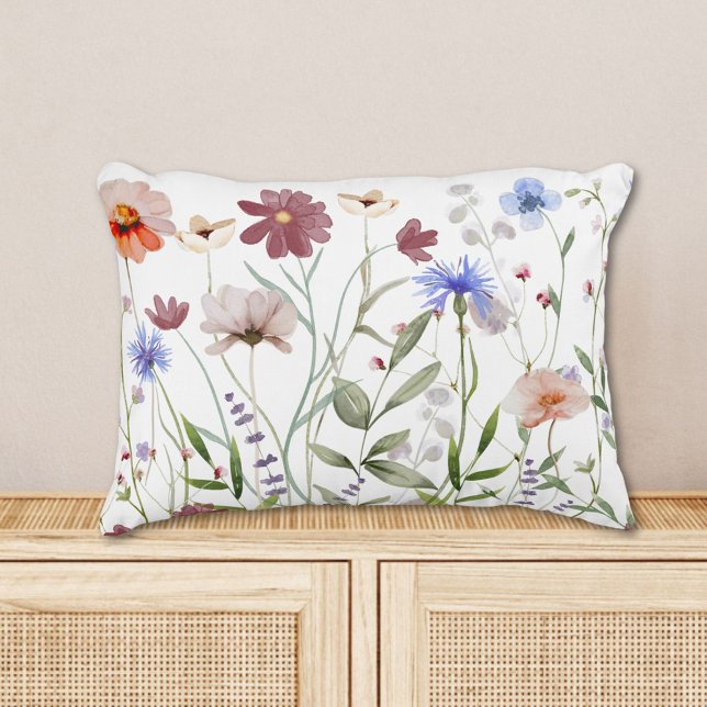 Watercolor Colourful Wildflower Meadow Accent Pillow (In situ)