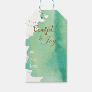 Watercolor Comfort Joy Green Gold Photo Christmas Gift Tags